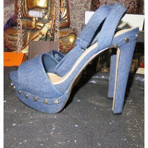 Shoedazzle Alana Chambray Blue Denim Studded Slingback Platform Heels size 8.5 t
